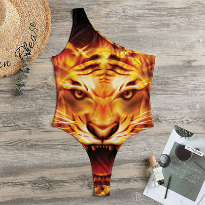 Flame Tiger Print One Shoulder Bodysuit