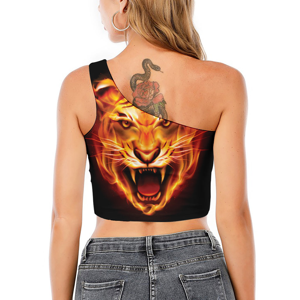 Flame Tiger Print One Shoulder Crop Top