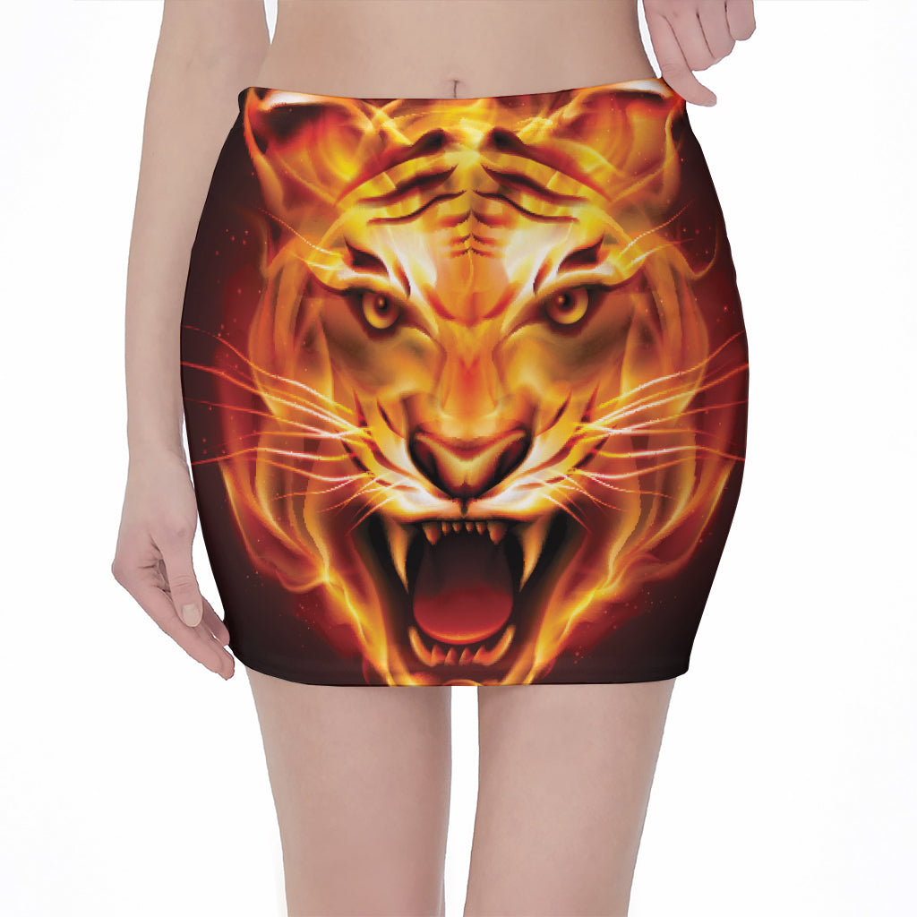 Flame Tiger Print Pencil Mini Skirt