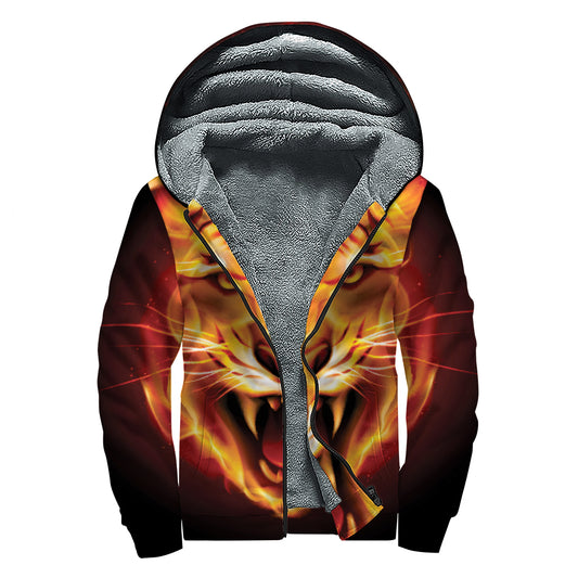 Flame Tiger Print Sherpa Lined Zip Up Hoodie