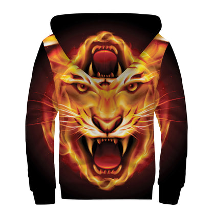 Flame Tiger Print Sherpa Lined Zip Up Hoodie