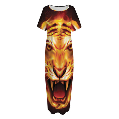 Flame Tiger Print Short Sleeve Long Nightdress