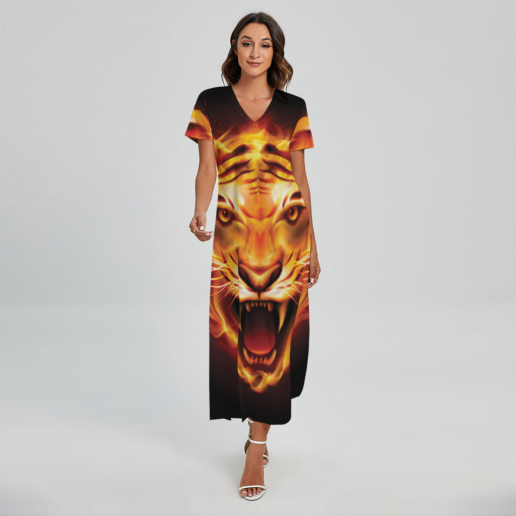 Flame Tiger Print Short Sleeve Maxi Dress