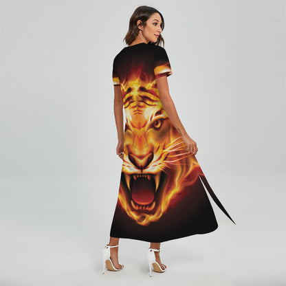 Flame Tiger Print Short Sleeve Maxi Dress