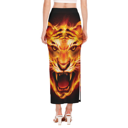 Flame Tiger Print Side Slit Maxi Skirt