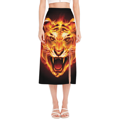 Flame Tiger Print Side Slit Midi Skirt