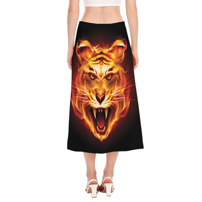 Flame Tiger Print Side Slit Midi Skirt