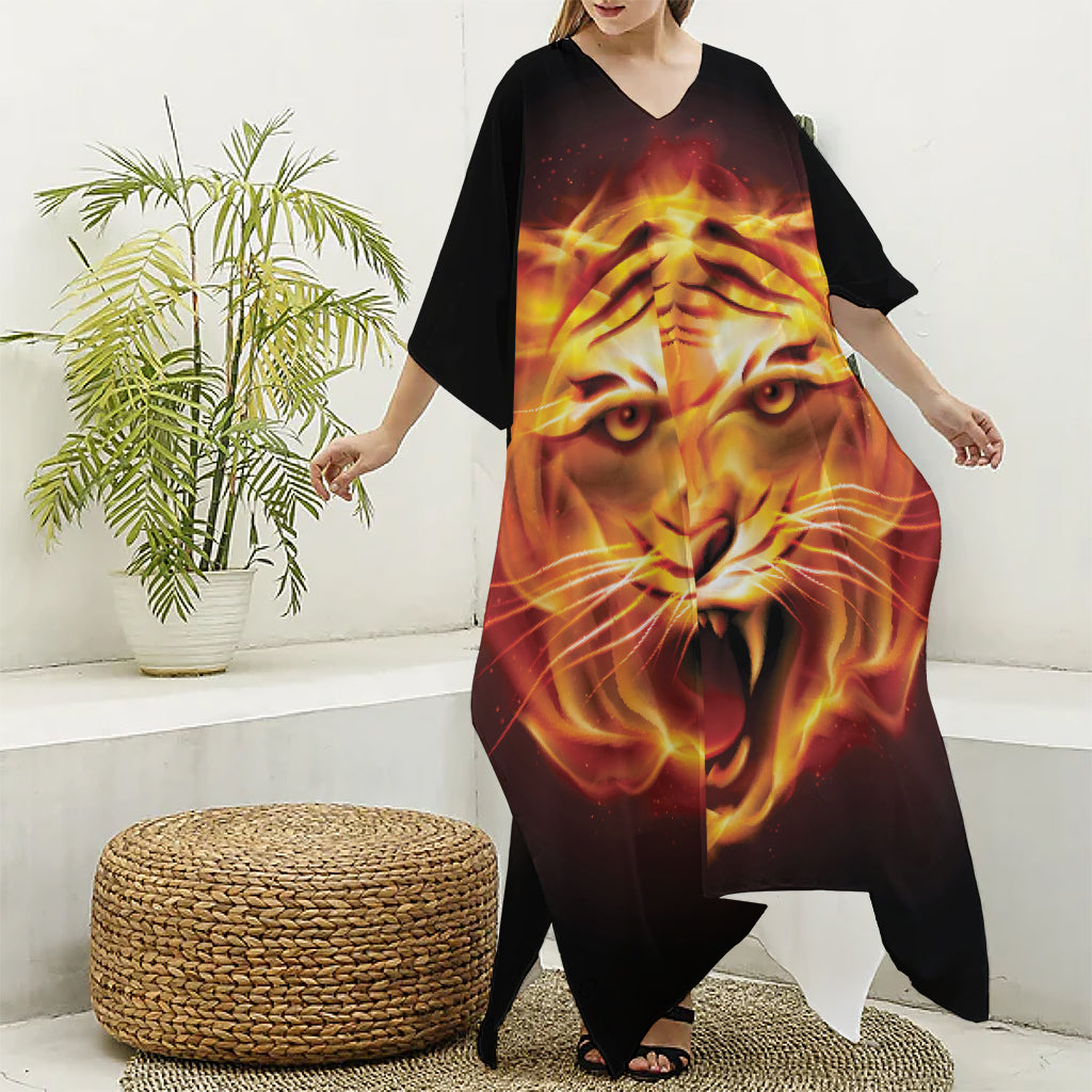 Flame Tiger Print Silk V-Neck Kaftan Dress