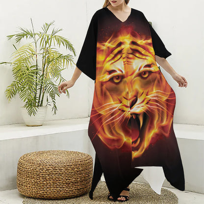 Flame Tiger Print Silk V-Neck Kaftan Dress