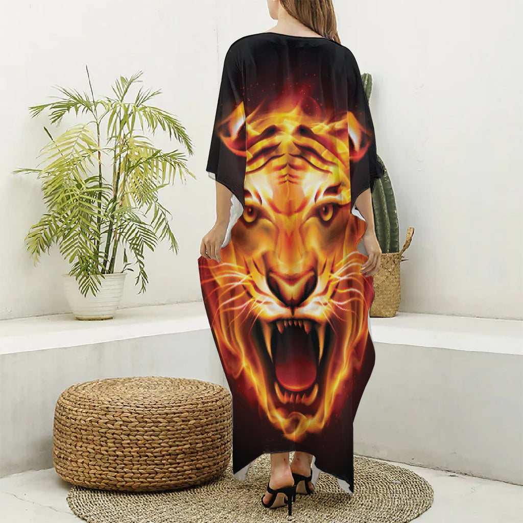 Flame Tiger Print Silk V-Neck Kaftan Dress