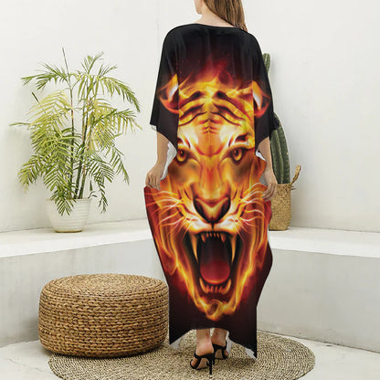 Flame Tiger Print Silk V-Neck Kaftan Dress