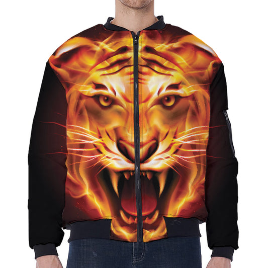 Flame Tiger Print Zip Sleeve Bomber Jacket