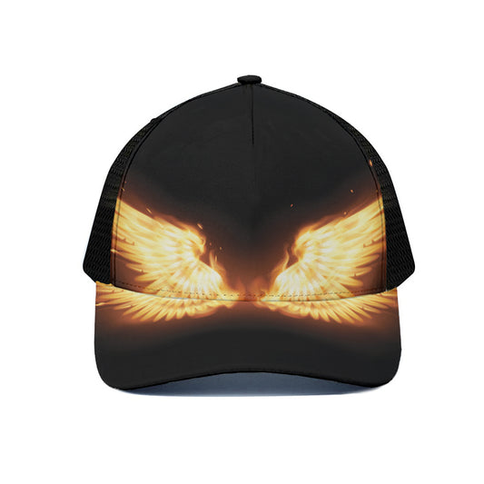Flame Wings Print Black Mesh Trucker Cap