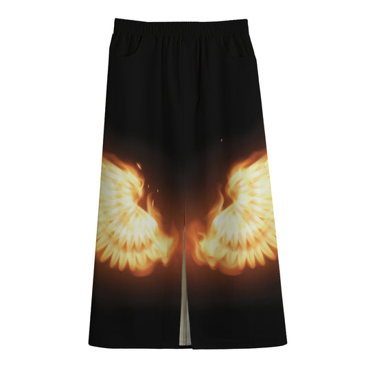 Flame Wings Print Cotton Front Slit Maxi Skirt