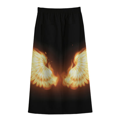Flame Wings Print Cotton Front Slit Maxi Skirt