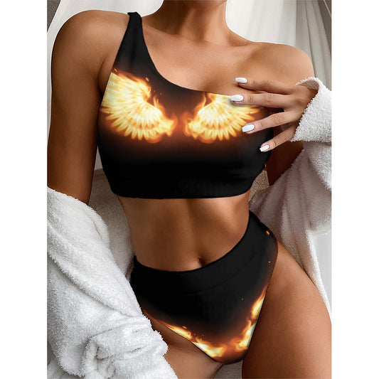 Flame Wings Print One Shoulder Bikini Top
