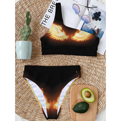 Flame Wings Print One Shoulder Bikini Top