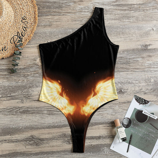 Flame Wings Print One Shoulder Bodysuit