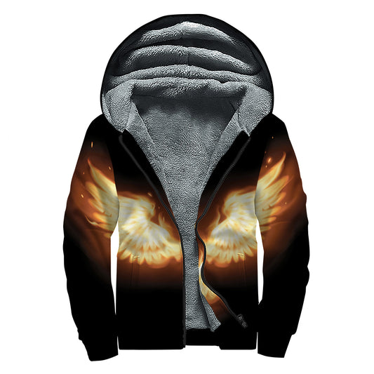Flame Wings Print Sherpa Lined Zip Up Hoodie