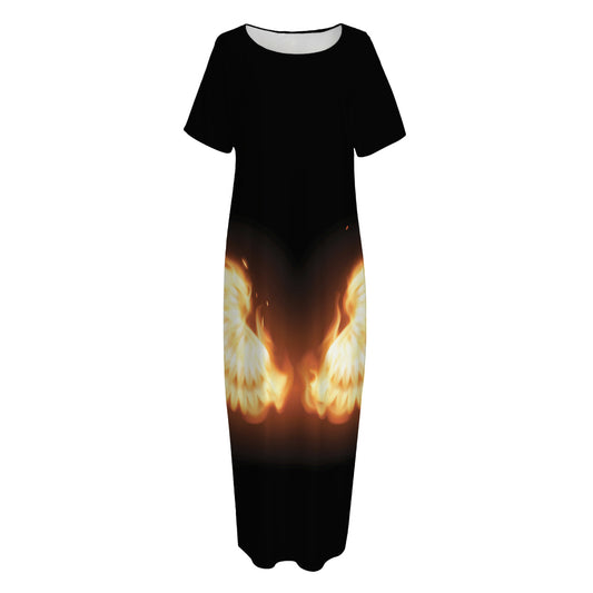Flame Wings Print Short Sleeve Long Nightdress