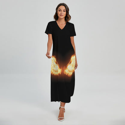 Flame Wings Print Short Sleeve Maxi Dress