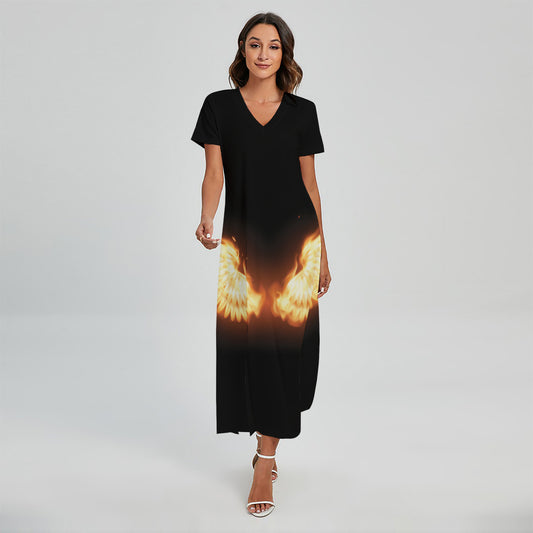 Flame Wings Print Short Sleeve Maxi Dress