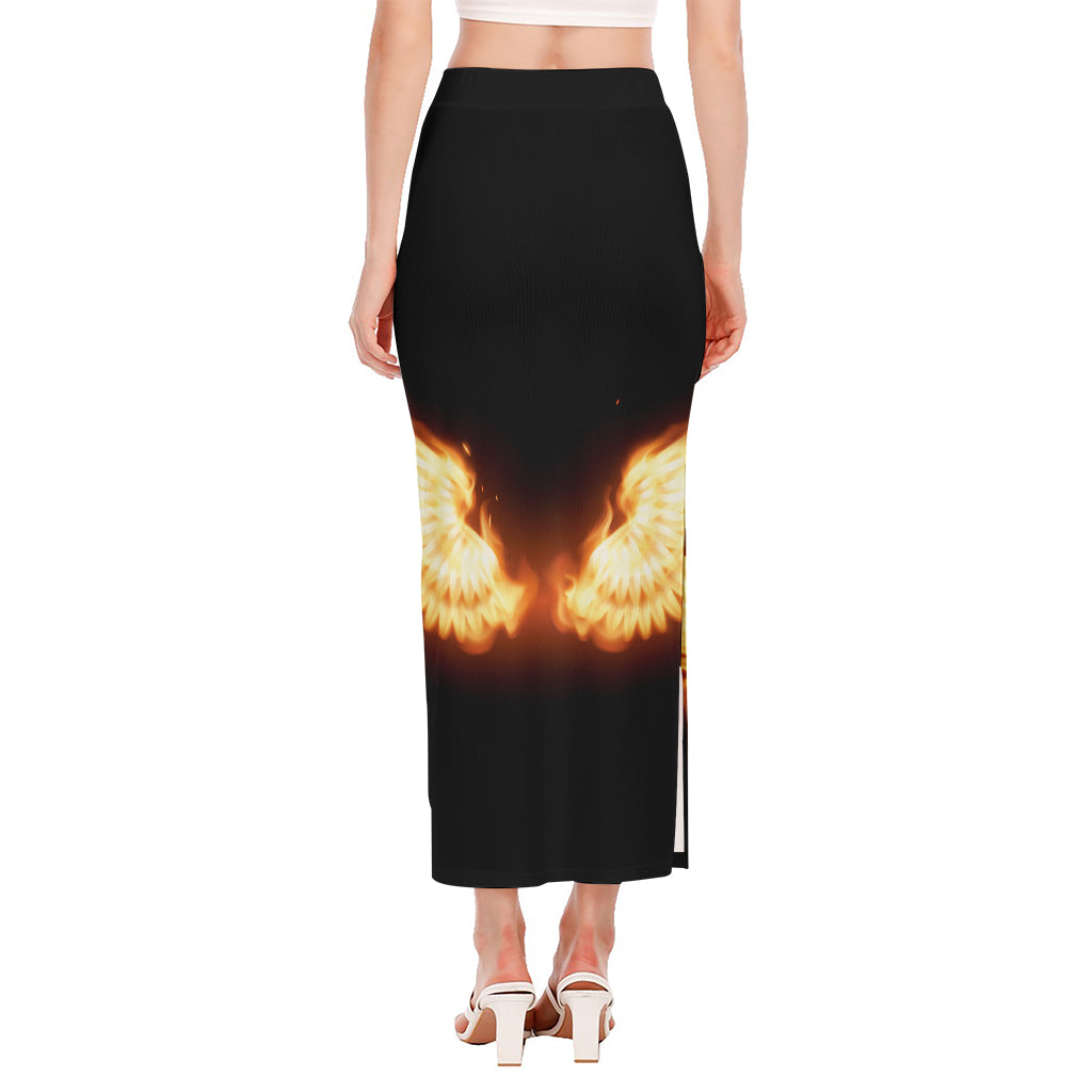 Flame Wings Print Side Slit Maxi Skirt