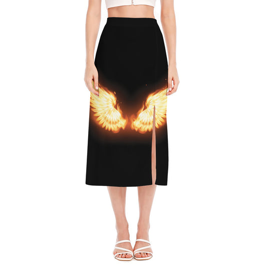 Flame Wings Print Side Slit Midi Skirt