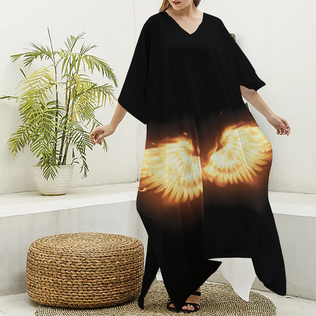 Flame Wings Print Silk V-Neck Kaftan Dress