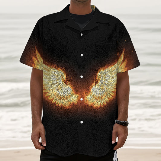 Flame Wings Print Textured Short Sleeve Shirt