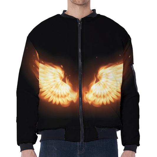 Flame Wings Print Zip Sleeve Bomber Jacket