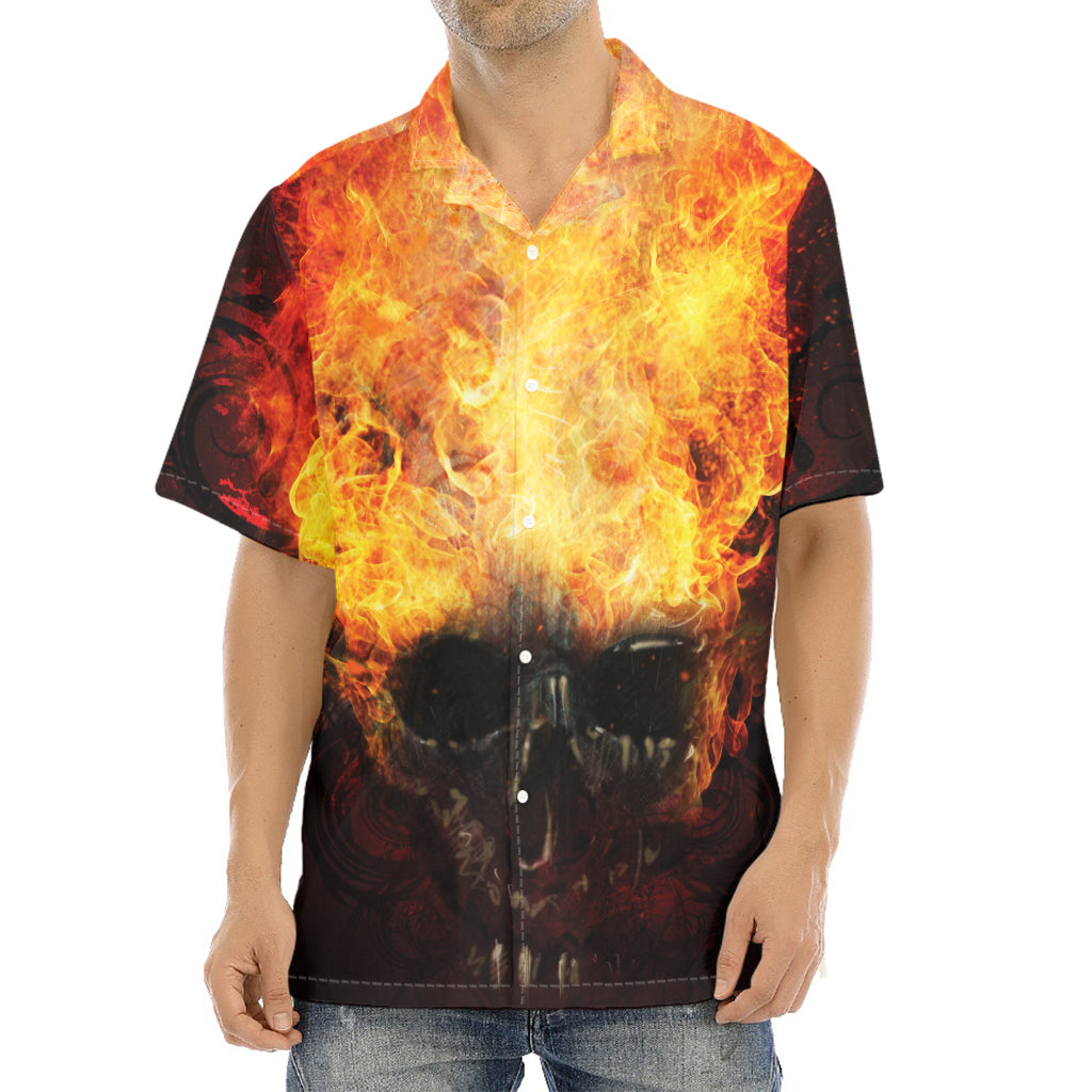 Flaming Demon Skull Print Aloha Shirt