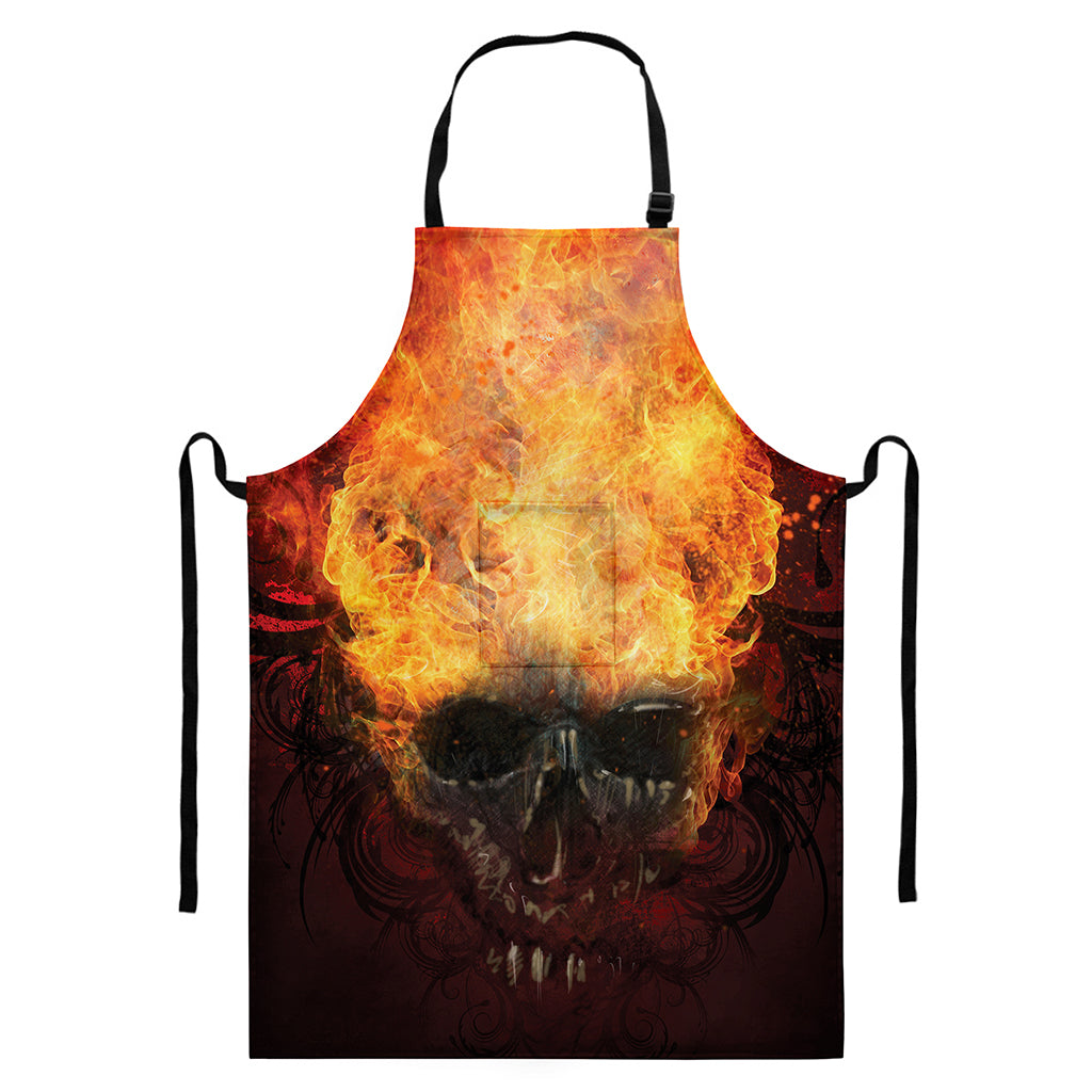 Flaming Demon Skull Print Bib Apron With Pocket