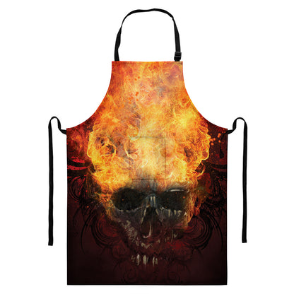 Flaming Demon Skull Print Bib Apron With Pocket