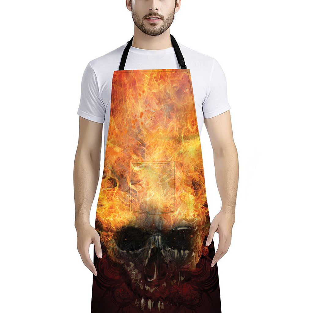 Flaming Demon Skull Print Bib Apron With Pocket