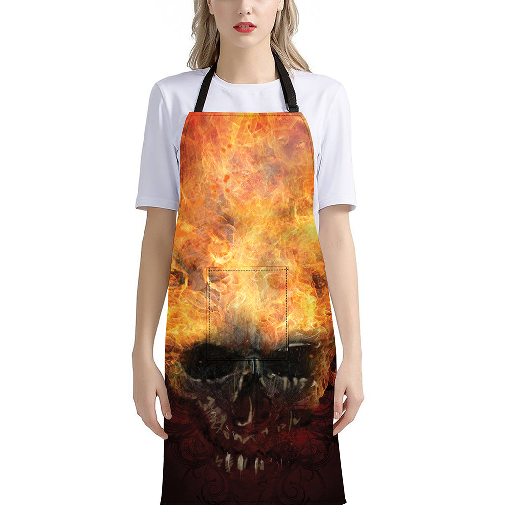 Flaming Demon Skull Print Bib Apron With Pocket