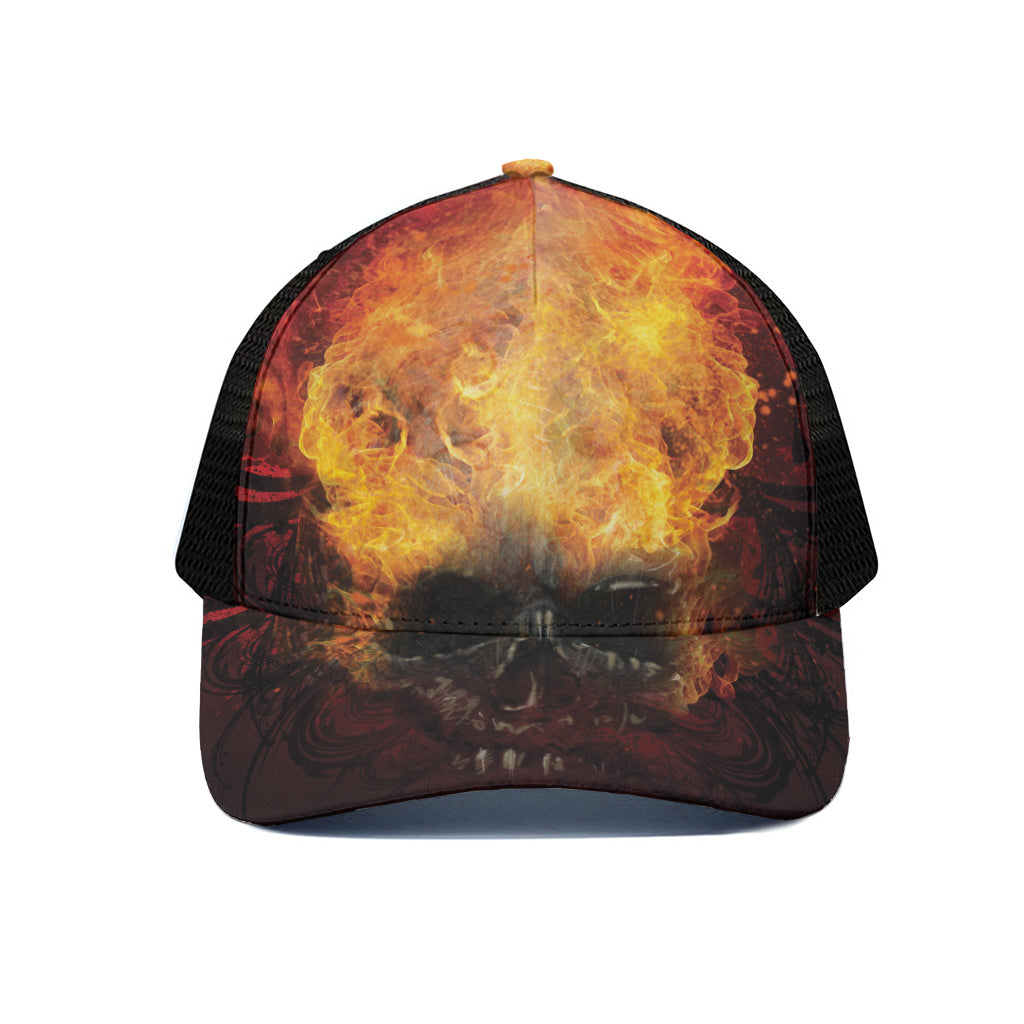 Flaming Demon Skull Print Black Mesh Trucker Cap