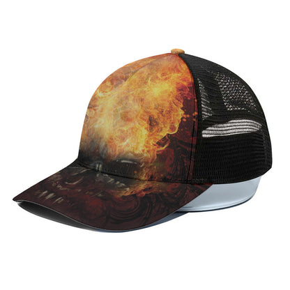 Flaming Demon Skull Print Black Mesh Trucker Cap