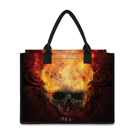 Flaming Demon Skull Print Canvas Tote Bag