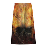 Flaming Demon Skull Print Cotton Front Slit Maxi Skirt