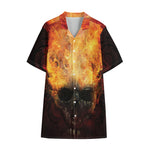 Flaming Demon Skull Print Cotton Hawaiian Shirt