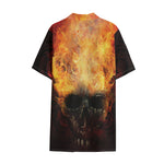Flaming Demon Skull Print Cotton Hawaiian Shirt