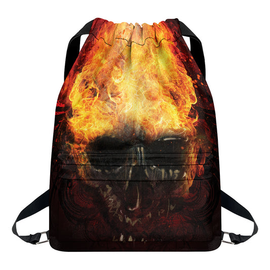 Flaming Demon Skull Print Drawstring Backpack