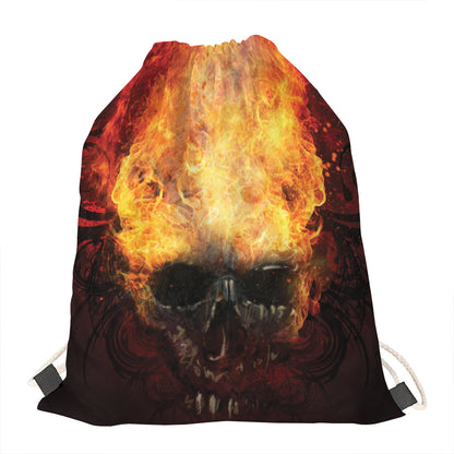 Flaming Demon Skull Print Drawstring Bag