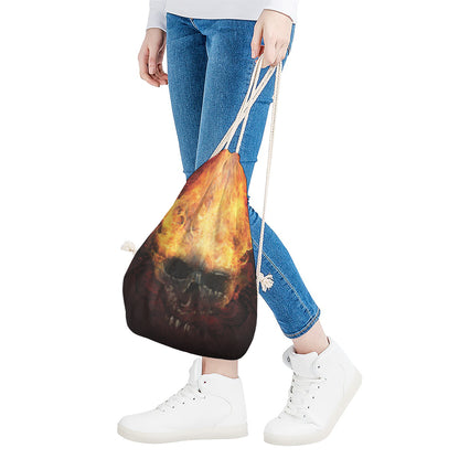 Flaming Demon Skull Print Drawstring Bag