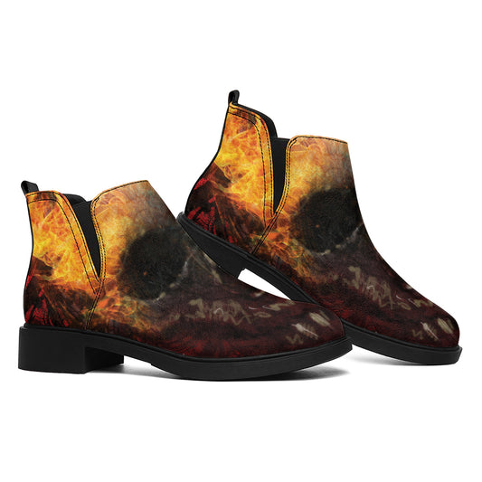 Flaming Demon Skull Print Flat Ankle Boots