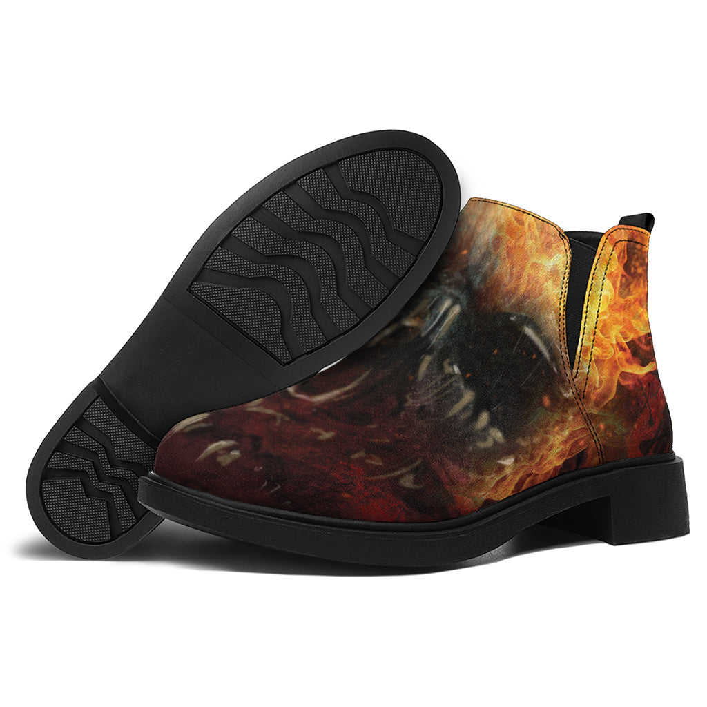 Flaming Demon Skull Print Flat Ankle Boots