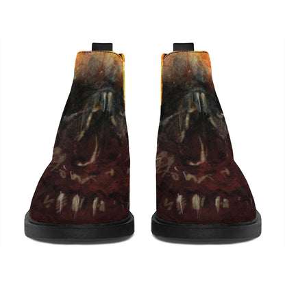 Flaming Demon Skull Print Flat Ankle Boots