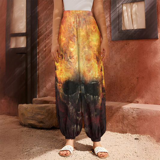 Flaming Demon Skull Print Harem Pants