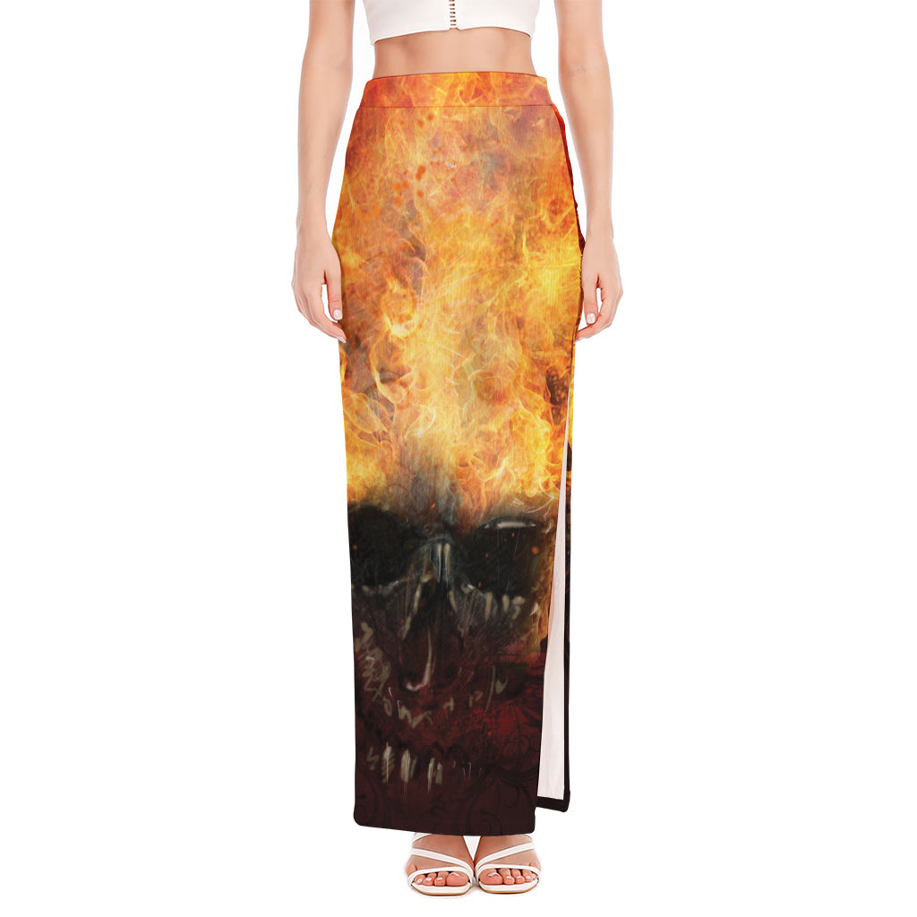 Flaming Demon Skull Print High Slit Maxi Skirt